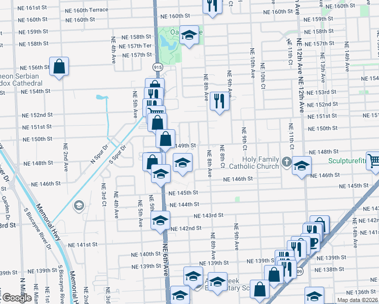 map of restaurants, bars, coffee shops, grocery stores, and more near 14770 Northeast 7th Avenue in Miami