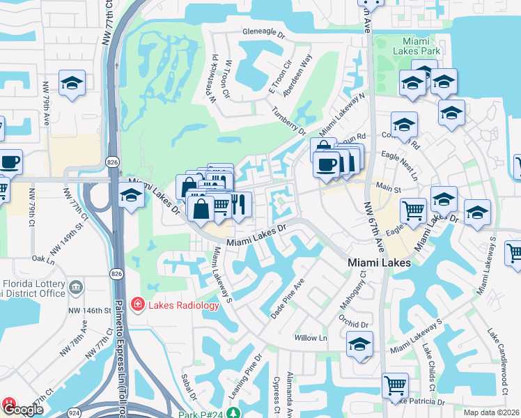 map of restaurants, bars, coffee shops, grocery stores, and more near 15189 Loch Isle Drive West in Hialeah