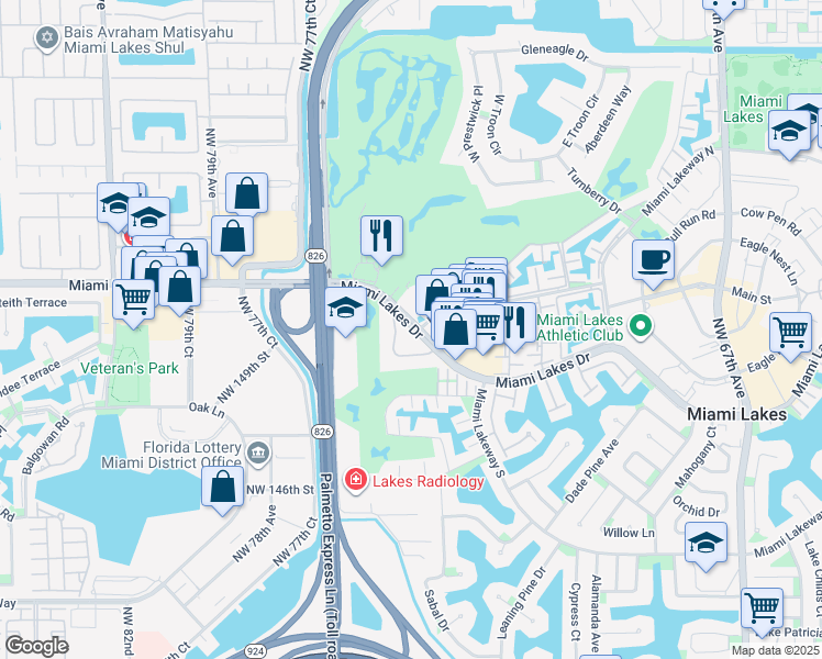 map of restaurants, bars, coffee shops, grocery stores, and more near 7490 Miami Lakes Drive in Hialeah