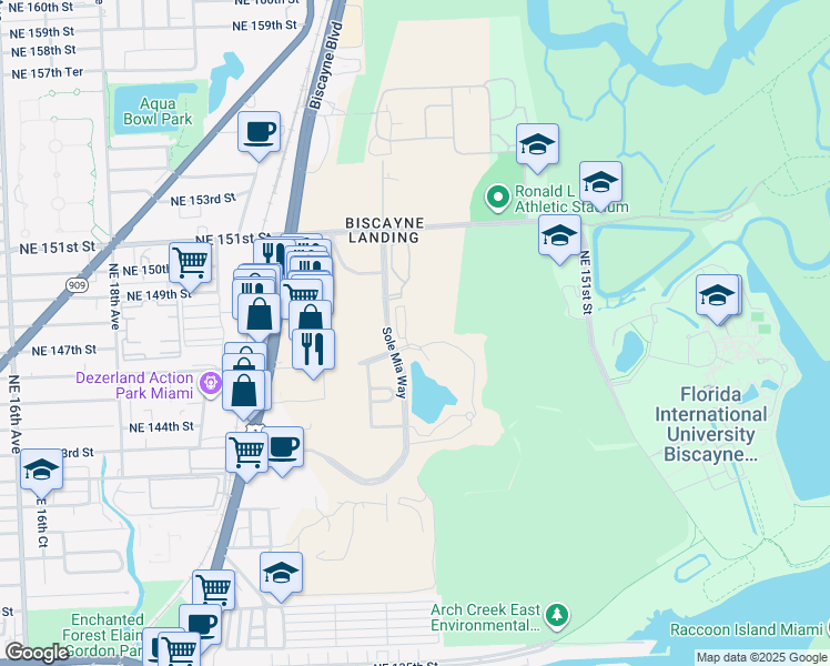 map of restaurants, bars, coffee shops, grocery stores, and more near 2321 Laguna Circle in North Miami
