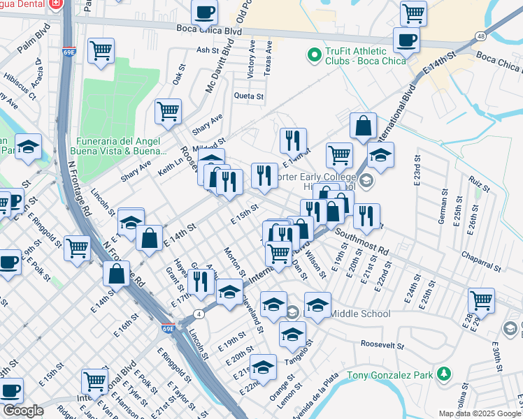 map of restaurants, bars, coffee shops, grocery stores, and more near 1549 Taft Street in Brownsville