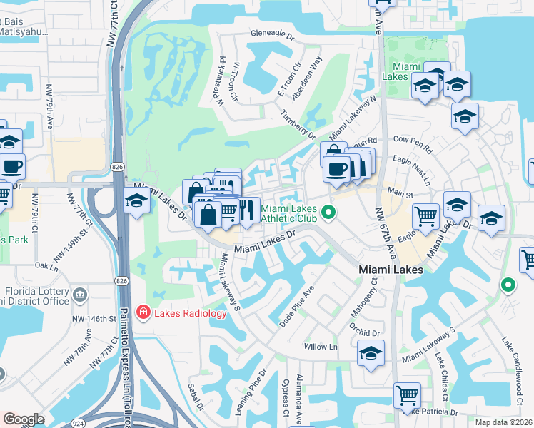map of restaurants, bars, coffee shops, grocery stores, and more near 7111 Miami Lakes Drive in Hialeah