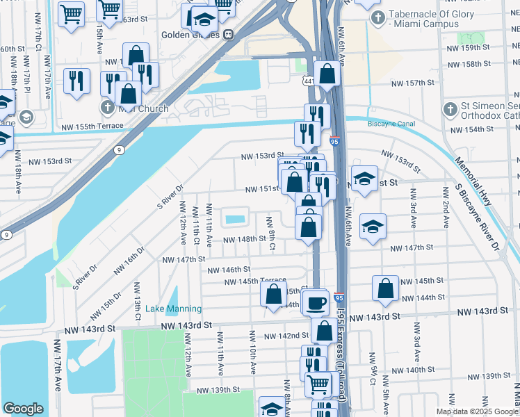 map of restaurants, bars, coffee shops, grocery stores, and more near 920 Northwest 151st Street in Miami
