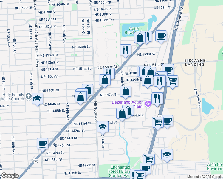 map of restaurants, bars, coffee shops, grocery stores, and more near 1740 Northeast 149th Street in North Miami