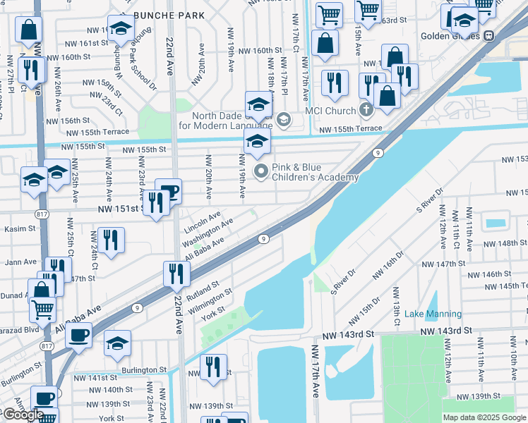 map of restaurants, bars, coffee shops, grocery stores, and more near 1817 Northwest 151st Street in Opa-locka