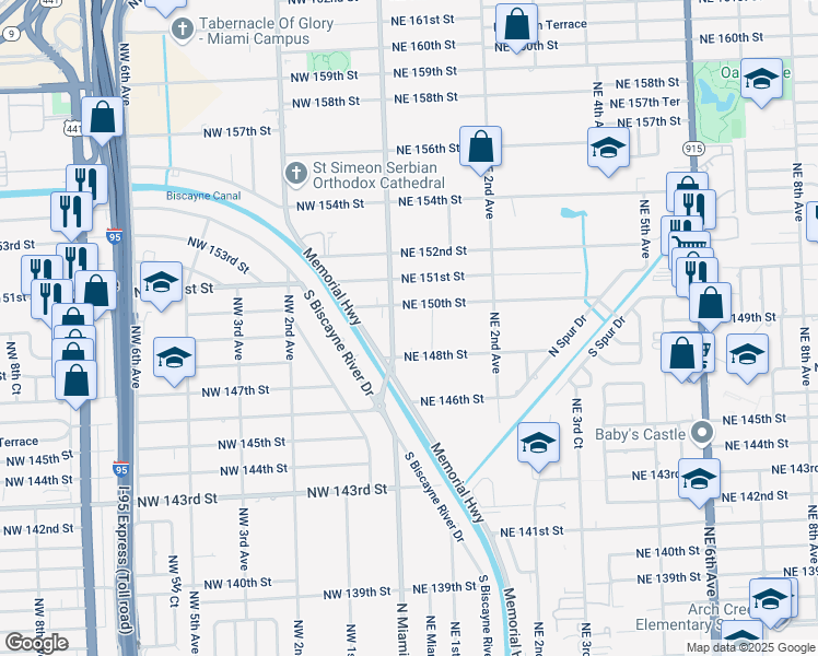 map of restaurants, bars, coffee shops, grocery stores, and more near 14901 North Miami Avenue in North Miami