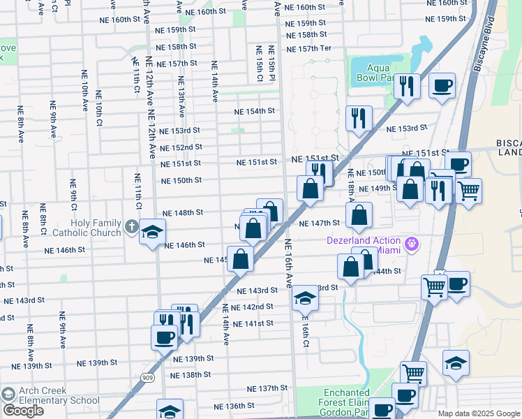 map of restaurants, bars, coffee shops, grocery stores, and more near 1510 Northeast 149th Street in Miami