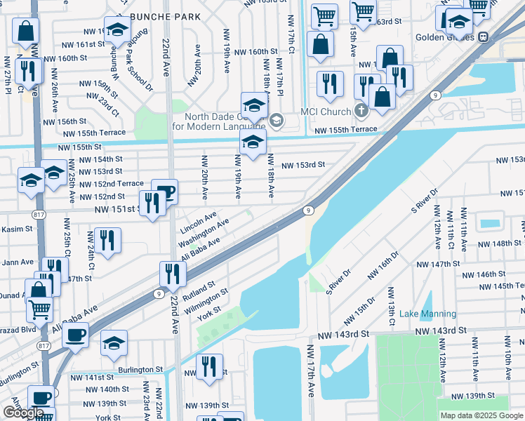 map of restaurants, bars, coffee shops, grocery stores, and more near 1817 Northwest 151st Street in Opa-locka