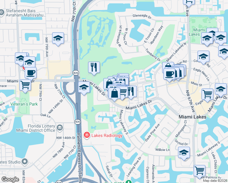 map of restaurants, bars, coffee shops, grocery stores, and more near 7357 Miami Lakes Drive in Miami Lakes