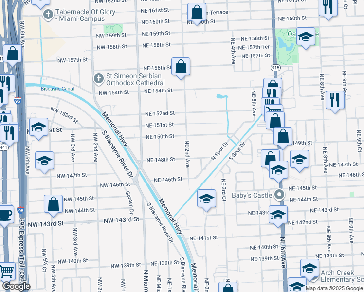 map of restaurants, bars, coffee shops, grocery stores, and more near 186 Northeast 150th Street in Miami