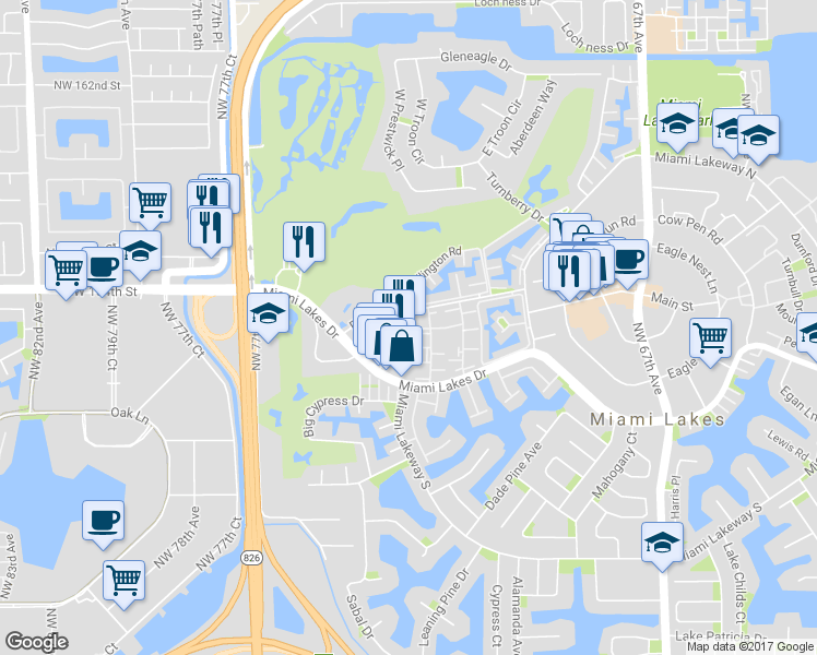 map of restaurants, bars, coffee shops, grocery stores, and more near 7347 Miami Lakes Drive in Hialeah