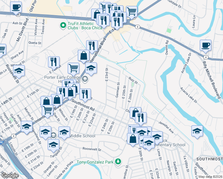 map of restaurants, bars, coffee shops, grocery stores, and more near 2339 French St in Brownsville