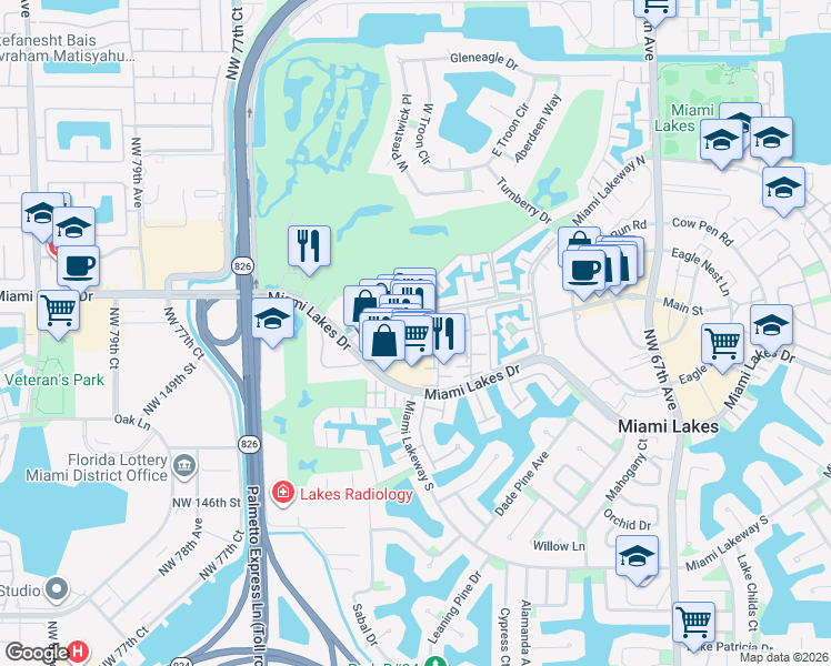 map of restaurants, bars, coffee shops, grocery stores, and more near 7357 Miami Lakes Drive in Miami Lakes