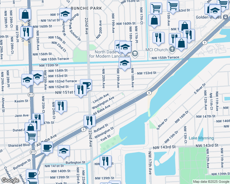 map of restaurants, bars, coffee shops, grocery stores, and more near 1897 Northwest 151st Street in Opa-locka