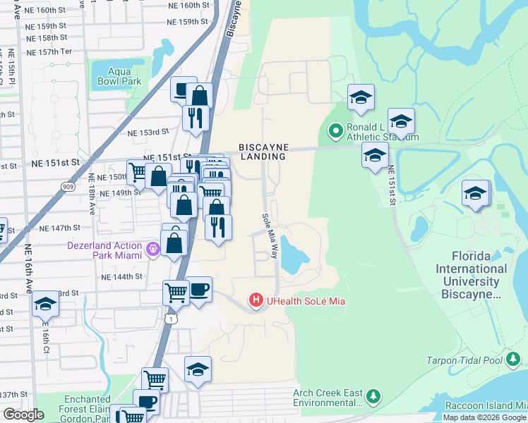map of restaurants, bars, coffee shops, grocery stores, and more near Royal Oak Lane in North Miami