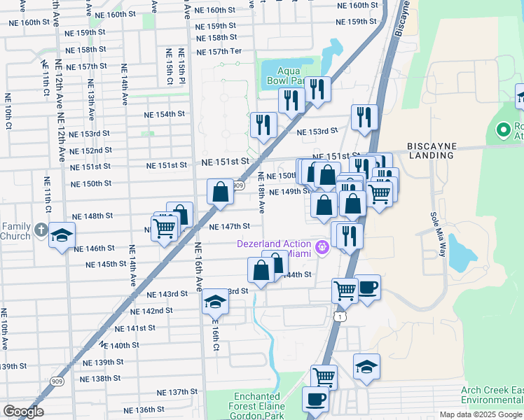 map of restaurants, bars, coffee shops, grocery stores, and more near 14797 Northeast 18th Avenue in North Miami