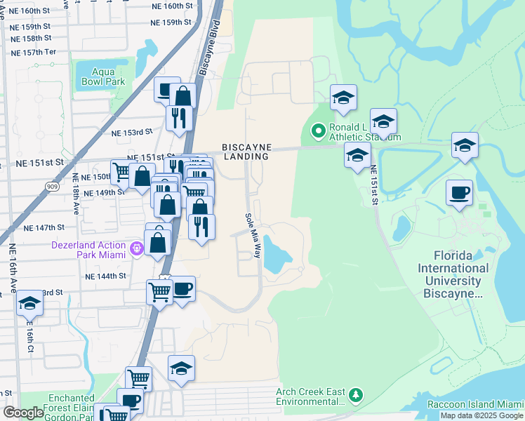 map of restaurants, bars, coffee shops, grocery stores, and more near 2301 Laguna Circle in North Miami