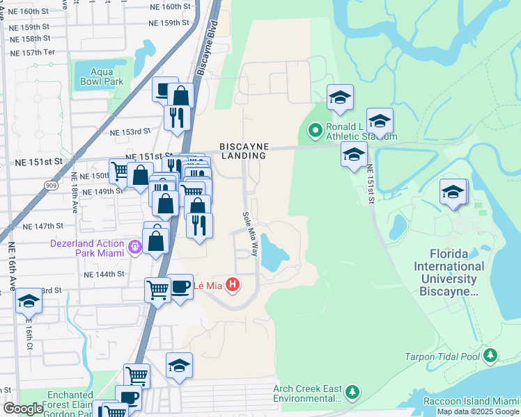 map of restaurants, bars, coffee shops, grocery stores, and more near 2301 Laguna Circle in North Miami