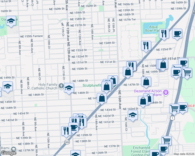 map of restaurants, bars, coffee shops, grocery stores, and more near 1440 Northeast 149th Street in North Miami