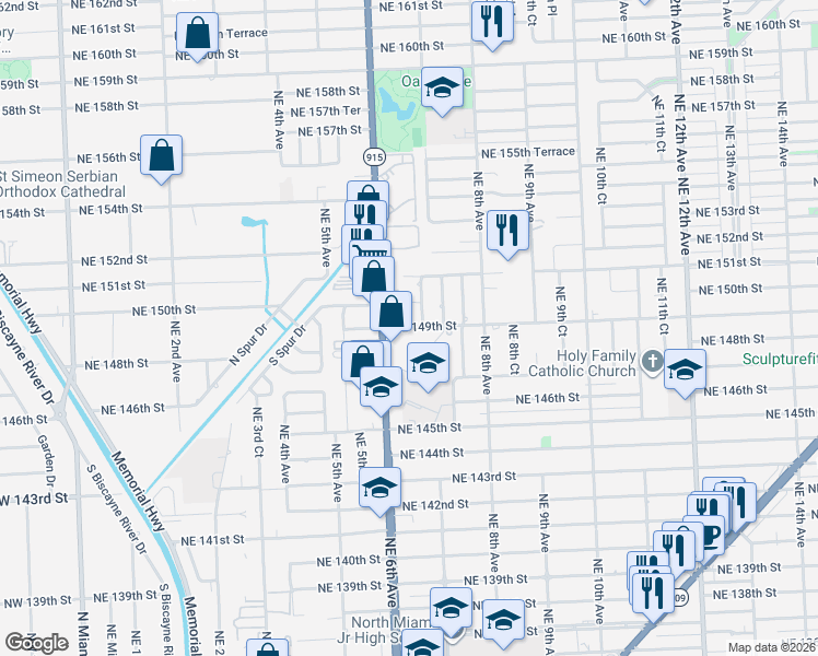 map of restaurants, bars, coffee shops, grocery stores, and more near in Biscayne Gardens