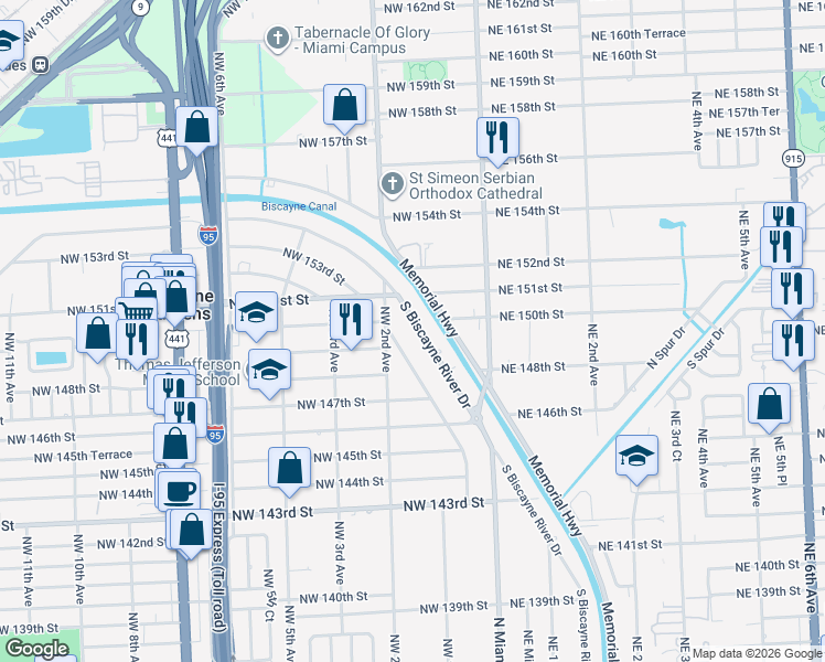 map of restaurants, bars, coffee shops, grocery stores, and more near 14955 South Biscayne River Drive in Miami