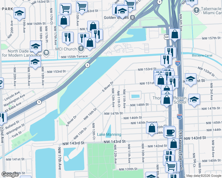 map of restaurants, bars, coffee shops, grocery stores, and more near 1200 Northwest 151st Street in Miami