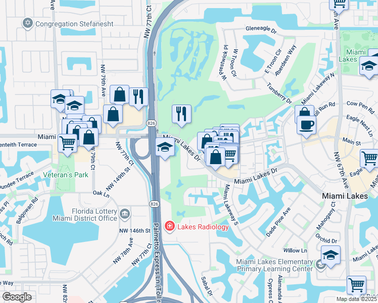 map of restaurants, bars, coffee shops, grocery stores, and more near 7485 Miami Lakes Drive in Miami Lakes