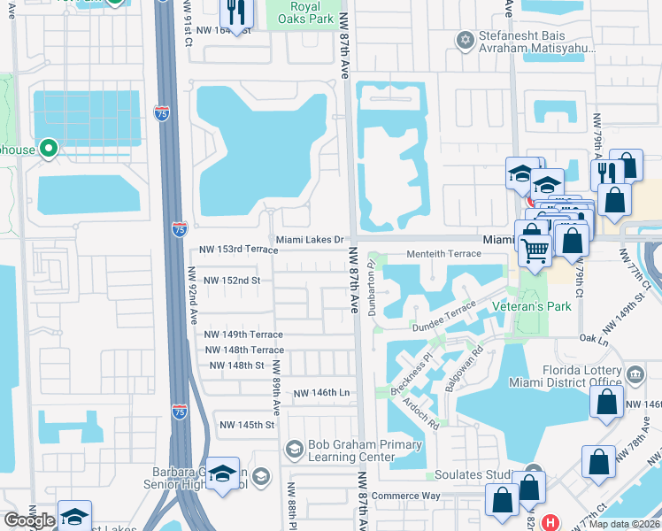 map of restaurants, bars, coffee shops, grocery stores, and more near 8720 Northwest 153rd Terrace in Hialeah