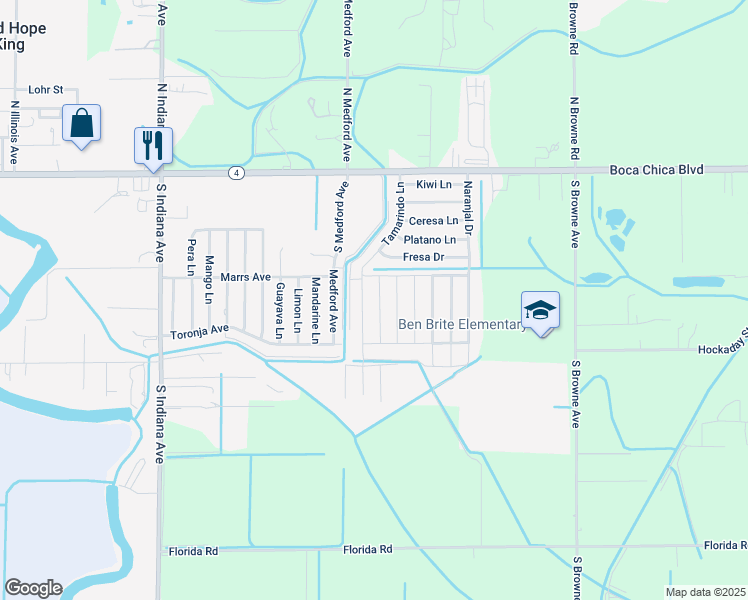 map of restaurants, bars, coffee shops, grocery stores, and more near 512 Fresa Drive in Brownsville