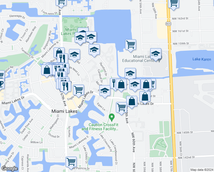 map of restaurants, bars, coffee shops, grocery stores, and more near 15250 Durnford Drive in Hialeah