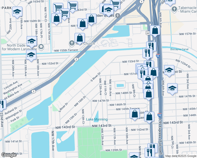 map of restaurants, bars, coffee shops, grocery stores, and more near 1200 Northwest 151st Street in Miami