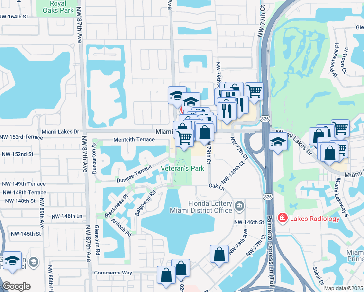 map of restaurants, bars, coffee shops, grocery stores, and more near 15255 Oak Lane in Miami Lakes
