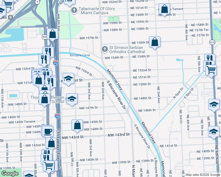 map of restaurants, bars, coffee shops, grocery stores, and more near 14955 South Biscayne River Drive in Miami