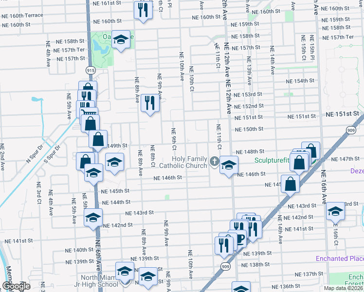map of restaurants, bars, coffee shops, grocery stores, and more near 985 Northeast 149th Street in North Miami