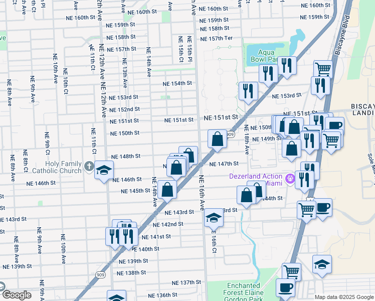 map of restaurants, bars, coffee shops, grocery stores, and more near 1510 Northeast 149th Street in Miami
