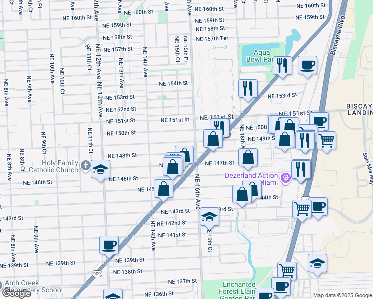 map of restaurants, bars, coffee shops, grocery stores, and more near 14860 Northeast 16th Avenue in Miami