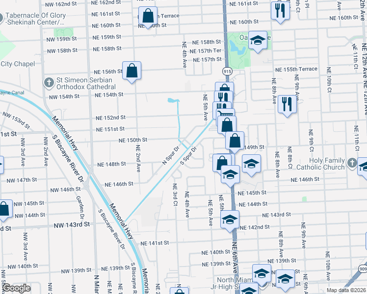map of restaurants, bars, coffee shops, grocery stores, and more near 14935 North Spur Drive in North Miami