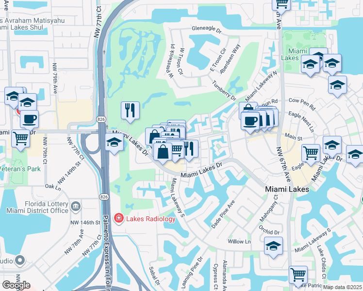map of restaurants, bars, coffee shops, grocery stores, and more near 7204 Fairway Drive in Miami Lakes