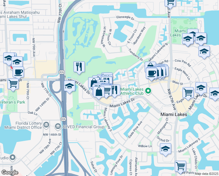map of restaurants, bars, coffee shops, grocery stores, and more near 7204 Fairway Drive in Miami Lakes