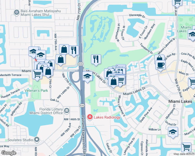 map of restaurants, bars, coffee shops, grocery stores, and more near 7485 Miami Lakes Drive in Miami Lakes