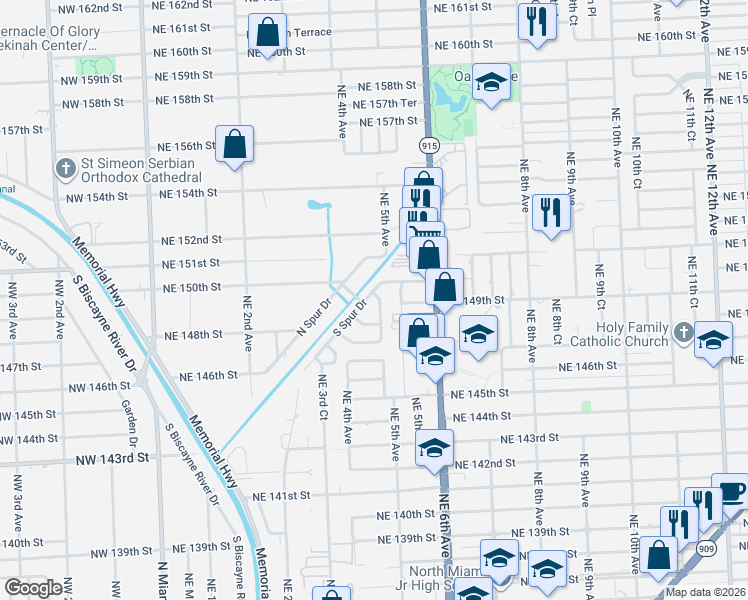 map of restaurants, bars, coffee shops, grocery stores, and more near 14921 South Spur Drive in Miami