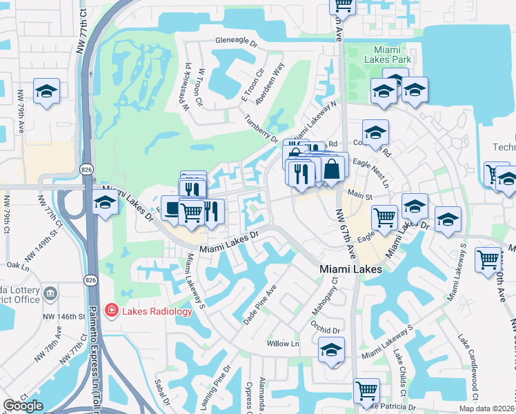 map of restaurants, bars, coffee shops, grocery stores, and more near 7007 Greentree Lane in Miami Lakes