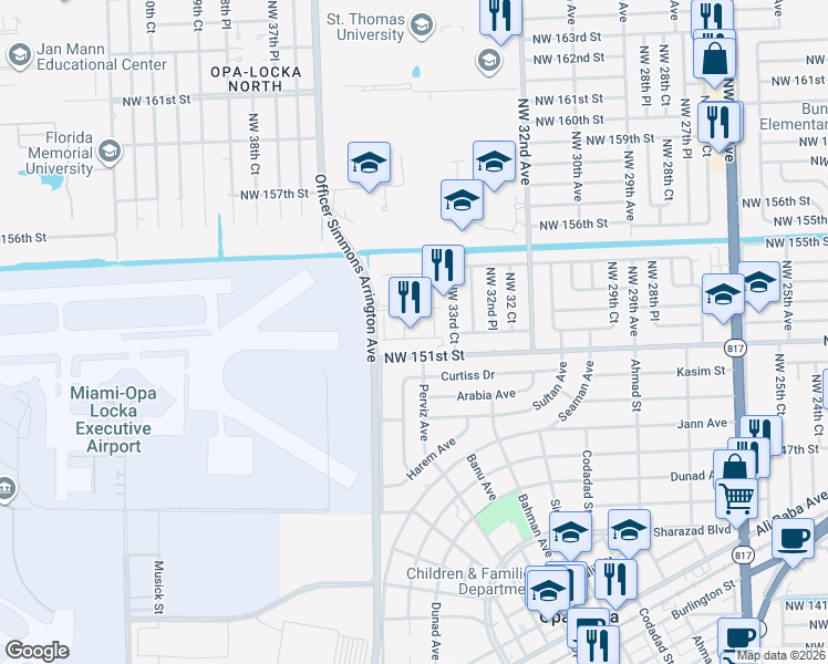 map of restaurants, bars, coffee shops, grocery stores, and more near 15100 Northwest 33rd Place in Miami Gardens
