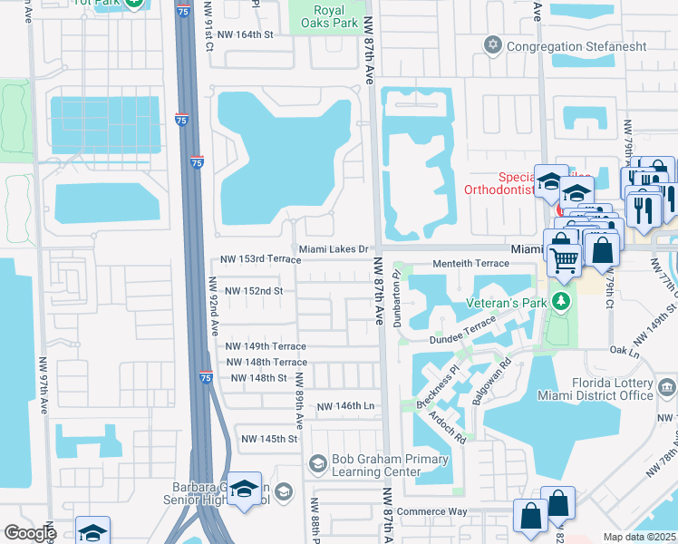 map of restaurants, bars, coffee shops, grocery stores, and more near 15463 Northwest 88th Avenue in Miami Lakes