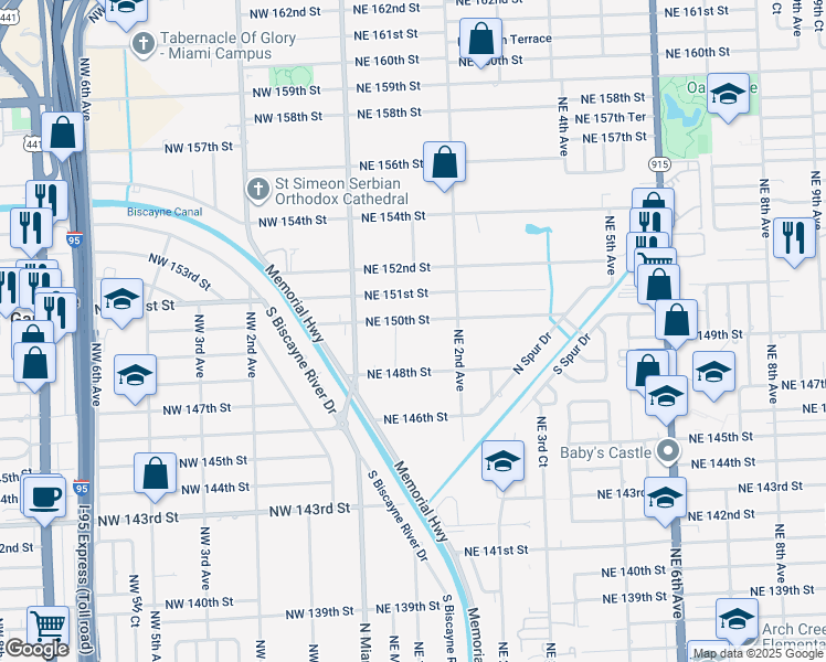 map of restaurants, bars, coffee shops, grocery stores, and more near 104 Northeast 150th Street in Miami