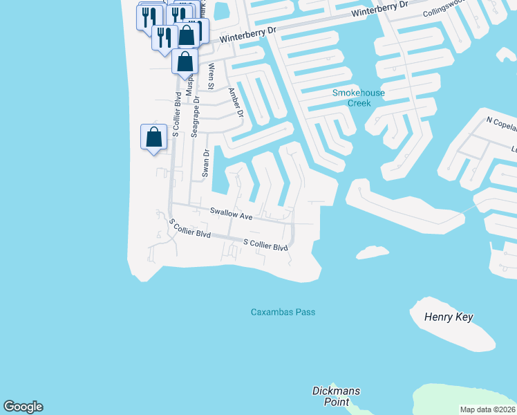 map of restaurants, bars, coffee shops, grocery stores, and more near 1051 Swallow Avenue in Marco Island