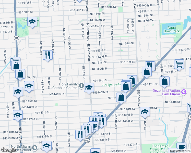 map of restaurants, bars, coffee shops, grocery stores, and more near 1214 Northeast 149th Street in Miami