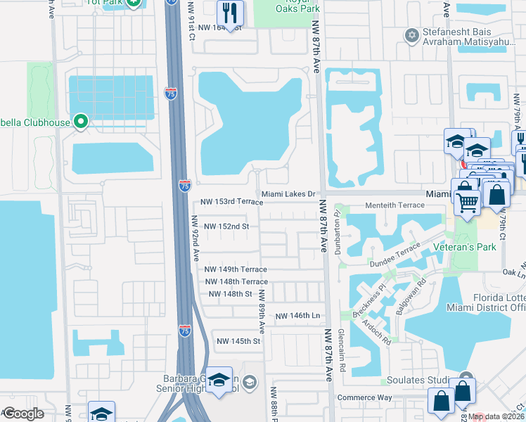 map of restaurants, bars, coffee shops, grocery stores, and more near 8850 Northwest 153rd Terrace in Miami Lakes