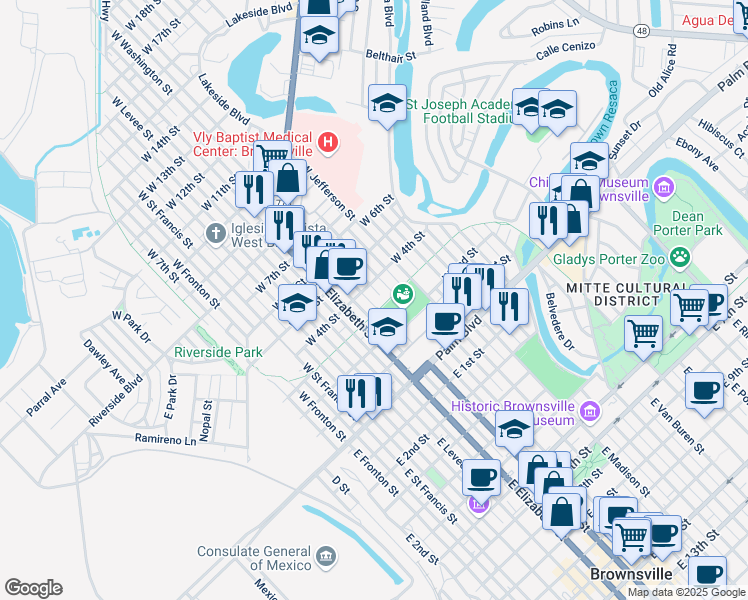 map of restaurants, bars, coffee shops, grocery stores, and more near 301-399 West Washington Street in Brownsville