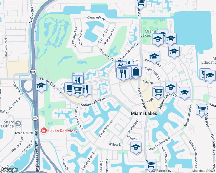 map of restaurants, bars, coffee shops, grocery stores, and more near 7007 Greentree Lane in Miami Lakes